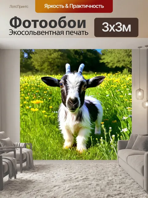 Фотообои на зелёном пастбище карликовая коза с черно-белой шерстью позирует для фото