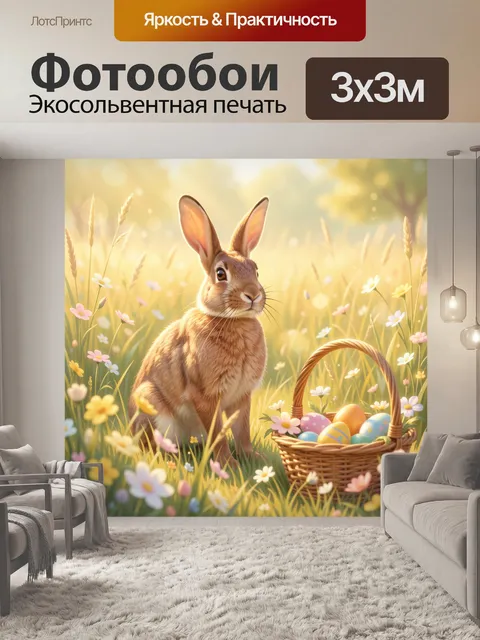 Фотообои Заяц с пасхальной корзиной в цветах