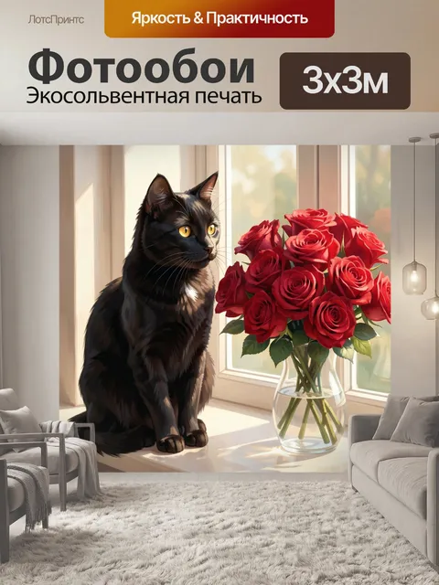 Фотообои Черный кот и красные розы