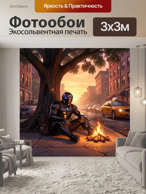 Фотообои Киборг у костра в городе