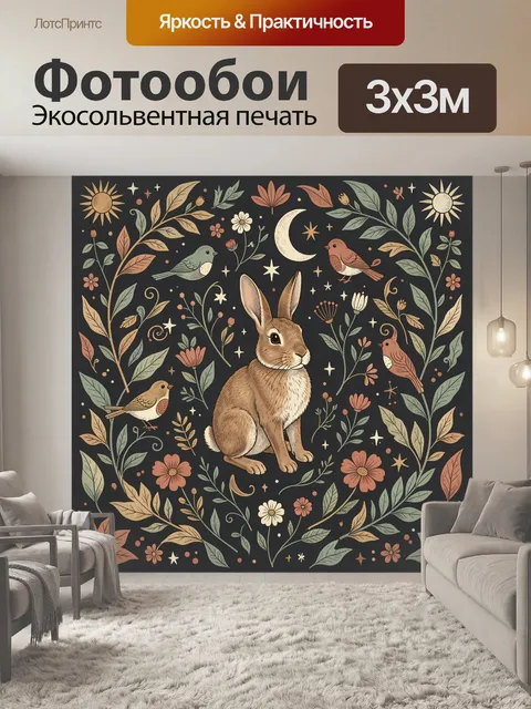Фотообои Заяц среди цветов и птиц