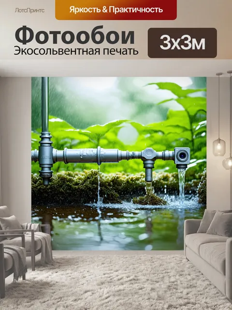 Фотообои изобразите механизм, который собирает дождевую воду и преобразует её в питьевую, акцентируя внимание на…