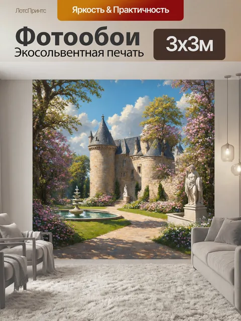 Фотообои винтаж с изображением старинного замка, утопающего в зелени и цветах