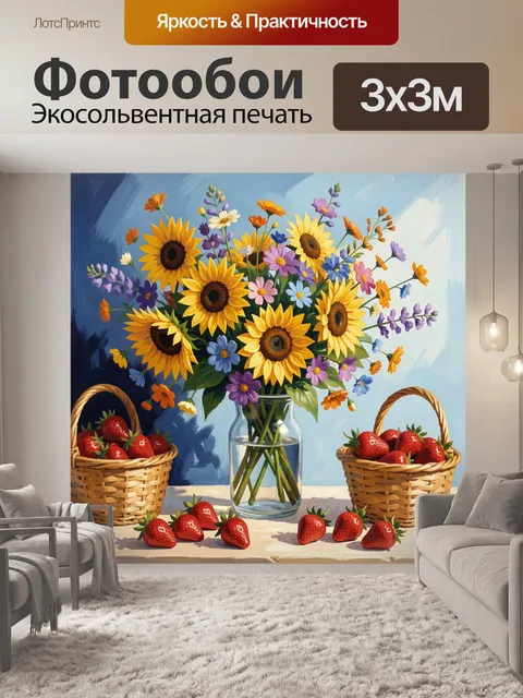 Фотообои Подсолнухи с клубникой в вазе