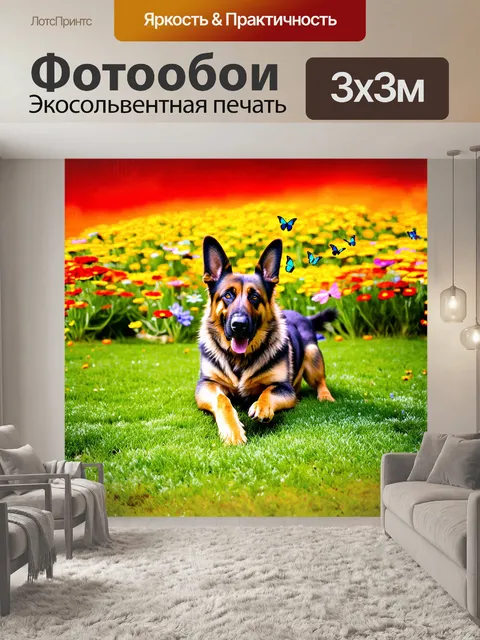 Фотообои немецкая овчарка энергично играет на зеленом лужайке, полные цветные цветы растут вокруг