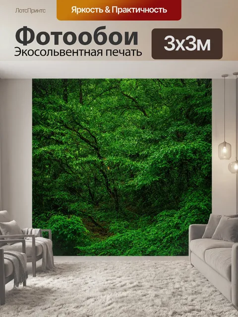 Фотообои лавровый лес с густой растительностью, разнообразные оттенки зелёного, влажная атмосфера
