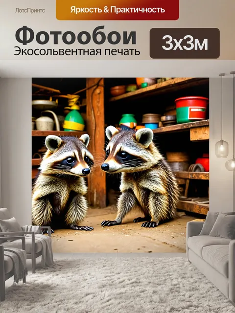 Фотообои животные в стиле ретро с забавными енотами, исследующими старый гараж с уникальными предметами