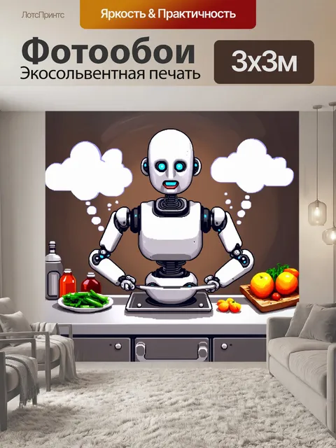 Фотообои забавная сцена с роботом, который пытается приготовить еду, но все идет не так