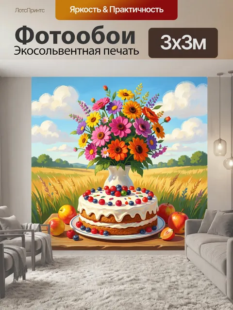 Фотообои Полевой букет и ягодный торт