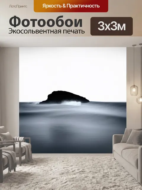 Фотообои глубокое черное море, омывающее одинокую черную скалу на белом фоне
