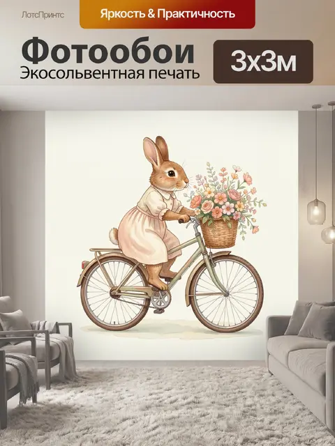 Фотообои Заяц на велосипеде с цветами