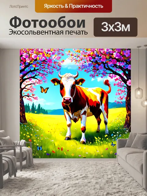 Фотообои корова, играющая в пасторальной идиллии среди цветущих деревьев и бабочек, с выразительными красками…