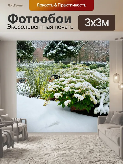 Фотообои частный сад, зимним днем заполненный снегом, где цветущие растения выглядят уютно среди белоснежной пеленой