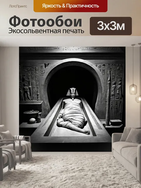 Фотообои египет в стиле черно-белый, мумия в саркофаге, окруженная древними артефактами
