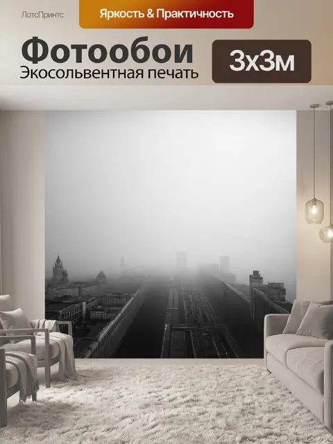 Фотообои утренний туман над москвой, небоскрёбы слегка виднеются, создавая таинственную атмосферу