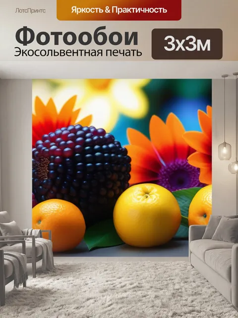 Фотообои фрукты с яркими цветами на фоне