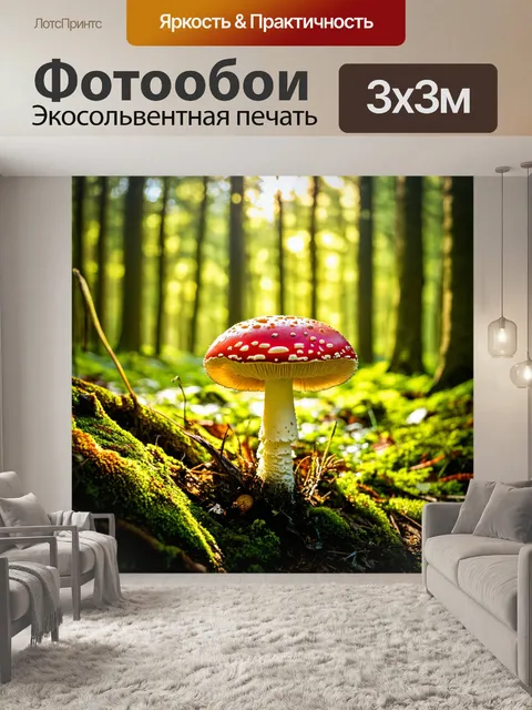 Фотообои лес с удивительными красными мухоморами и солнечными зайчиками