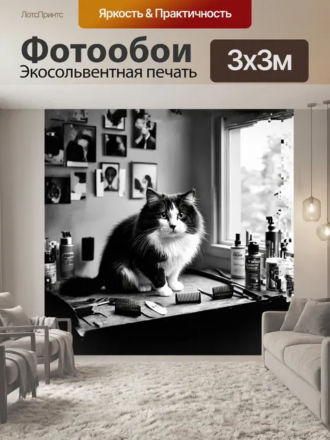 Фотообои мягкий черно-белый кот с пушистыми шершащими усами, сидящий на столе парикмахера