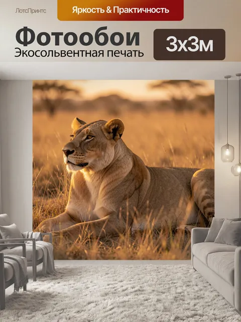 Фотообои Львица в саванне на закате