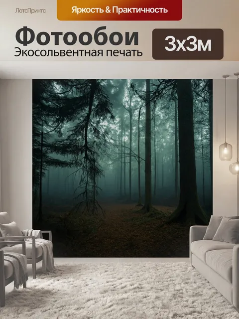 Фотообои лес с черным лесом в тумане, загадочная атмосфера