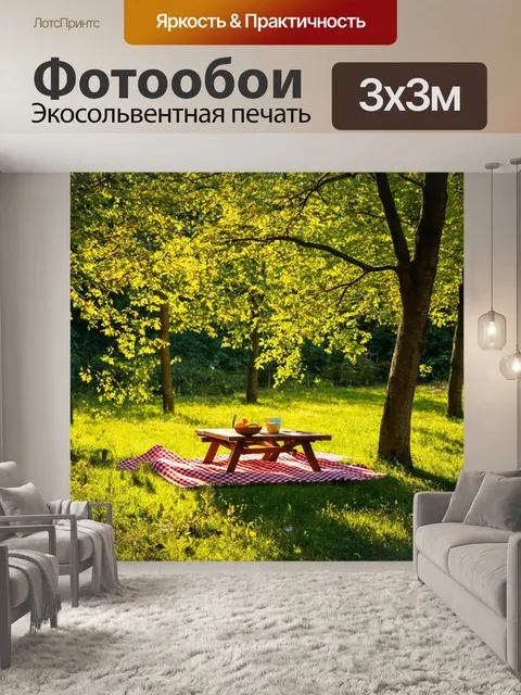 Фотообои освещенное солнцем место для пикника среди деревьев