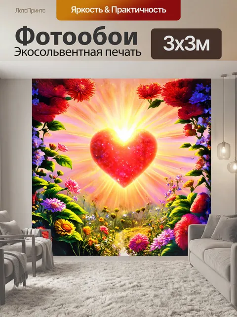 Фотообои сердце, излучающее мягкое свечение, окружено яркими цветами и зелеными листьями, изображено на фоне…