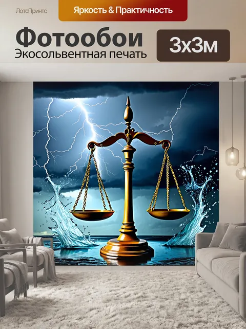 Фотообои сцена, где весы правосудия расположены на фоне громогласного шторма, с молниями и чёрными облаками