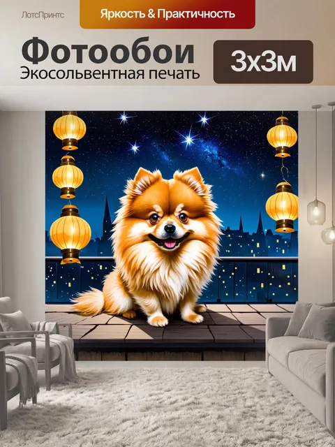 Фотообои изобразите померанского шпица, рассматривающего звёздное небо на крыше, окруженного мягким светом фонариков