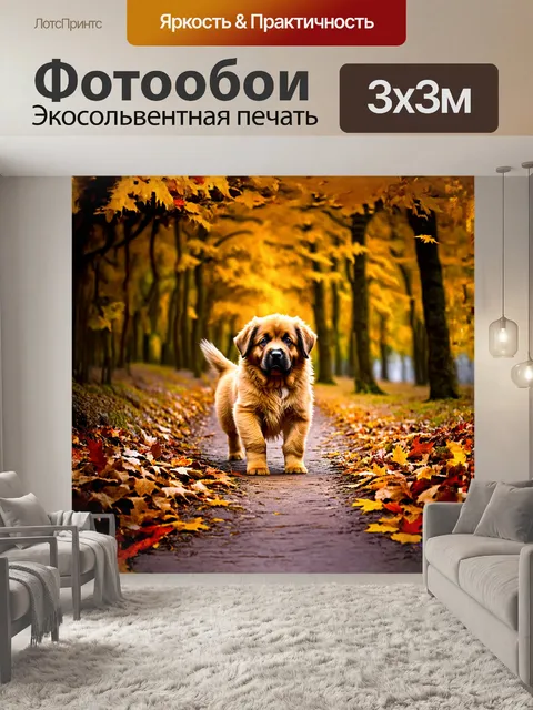 Фотообои щенок леонбергера, играющий с осенними листьями на узком лесном тропинке