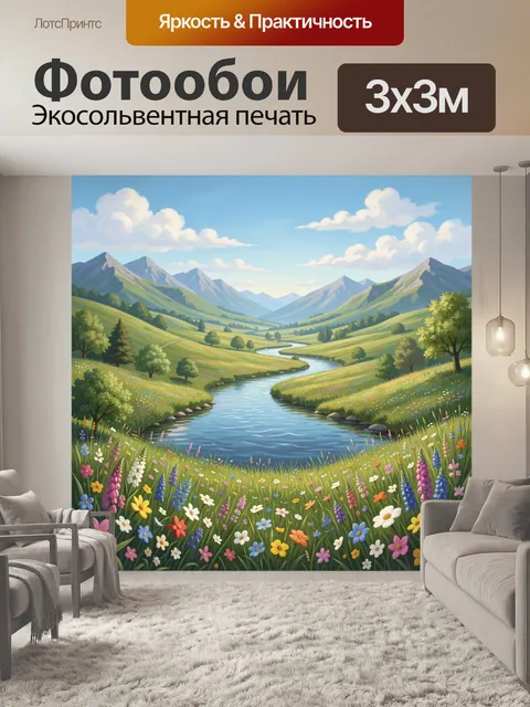 Фотообои Долина с рекой и цветочным лугом