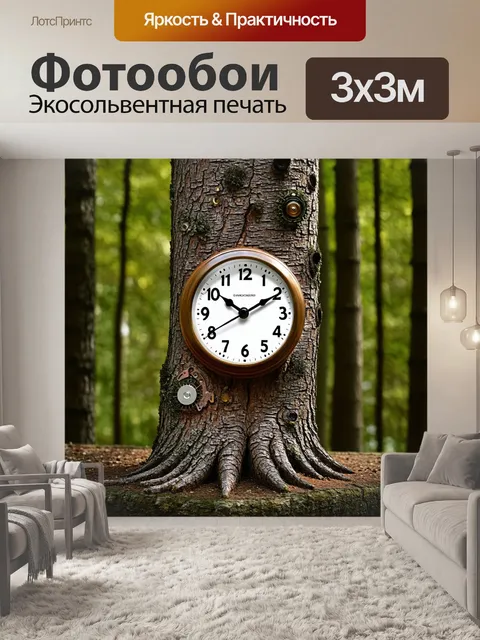 Фотообои часы в форме дерева с основой из бересты и часовой механизм, вмонтированный в ствол