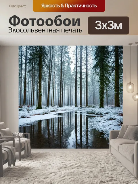Фотообои мрачный зимний лес c застывшими лужами и заснеженными деревьями