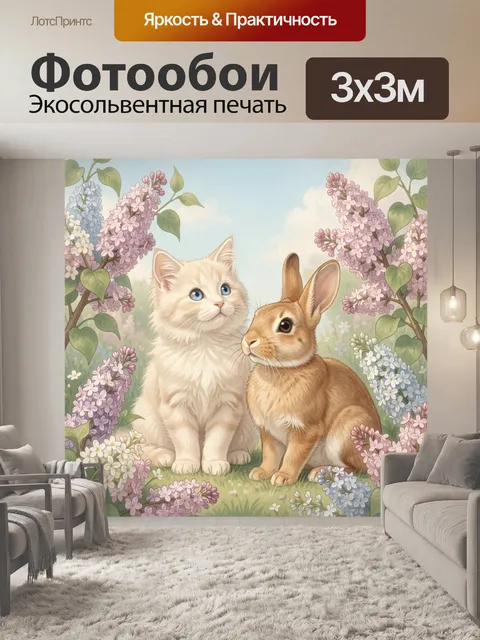 Фотообои Котенок и кролик среди сирени