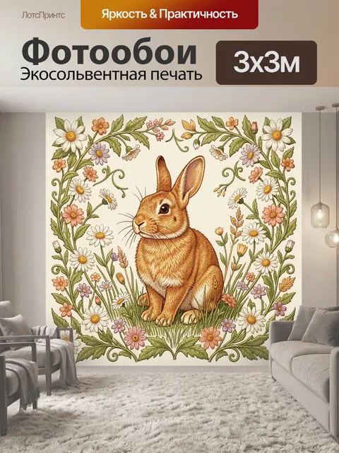 Фотообои Кролик среди полевых цветов