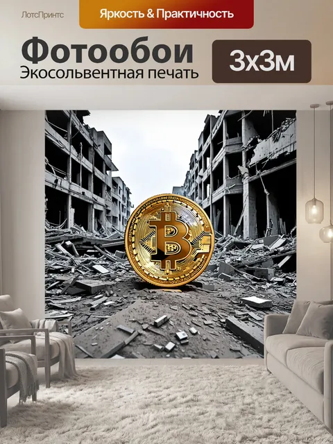 Фотообои на фоне разрушенных зданий постапокалиптического города биткоин представлен как единственное благо