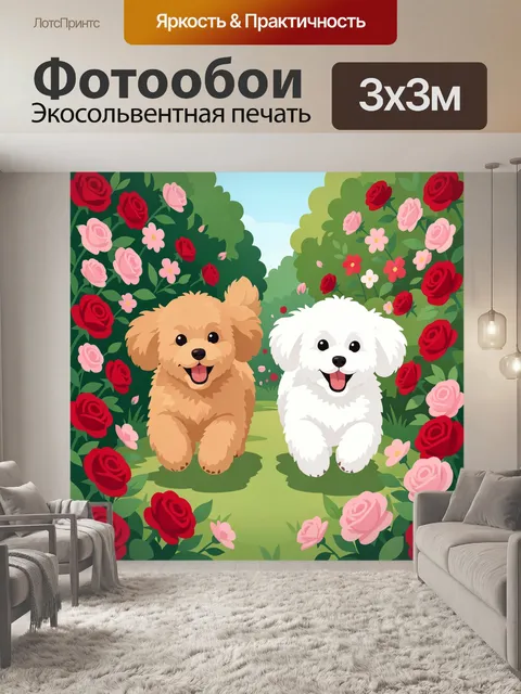 Фотообои Два пушистых щенка в саду