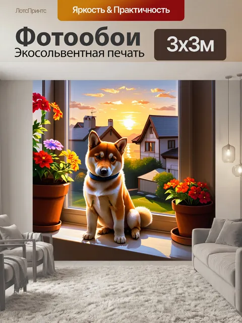 Фотообои тихий вечер, маленький щенок шиба ину сидит на подоконнике, смотря на закат