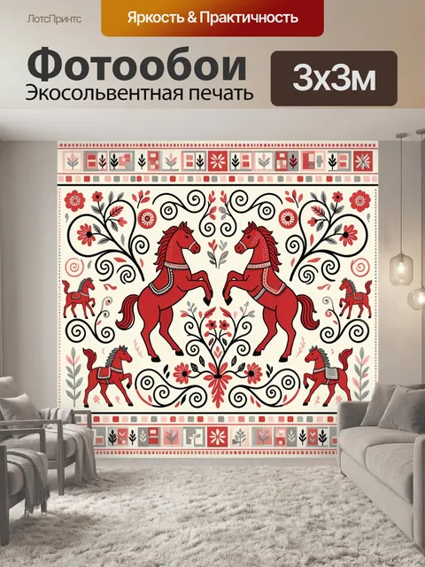 Фотообои Два красных коня с орнаментом