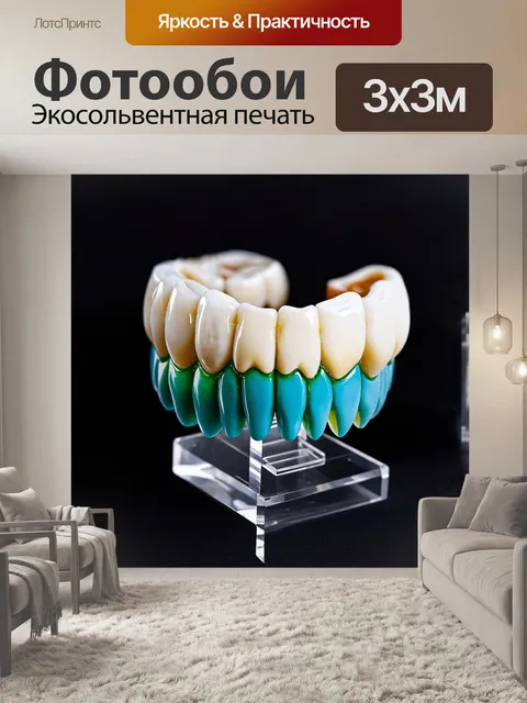 Фотообои фарфоровые зубы, выставленные на стеклянной подставке, где они принимают разные оттенки голубого и зеленого…