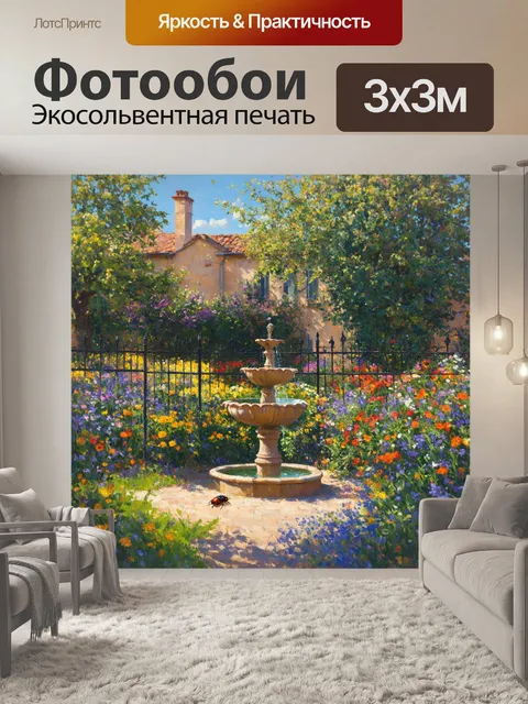 Фотообои прованс показывают восхитительный сад, наполненный яркими цветами, окаймленного кованой оградой