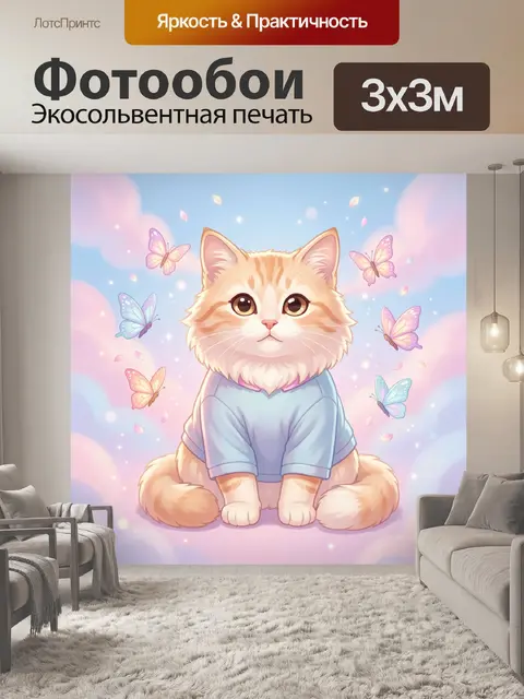 Фотообои Рыжий котёнок с бабочками