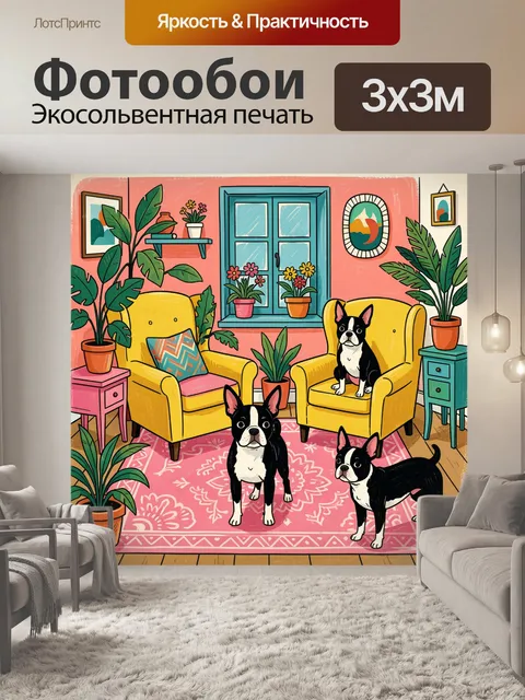 Фотообои Три бостон-терьера в интерьере