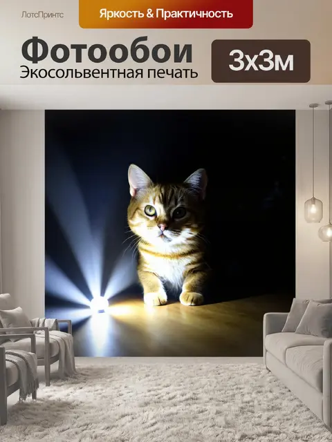 Фотообои кот, играющий с фонариком в темной комнате