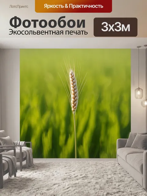 Фотообои колосок, плавно колышущийся на ветру среди зелёного поля, детализированные жилки и пыльца, создающие…