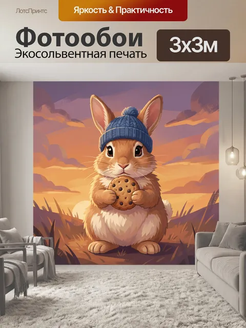 Фотообои Зайчик в синей шапке с печеньем