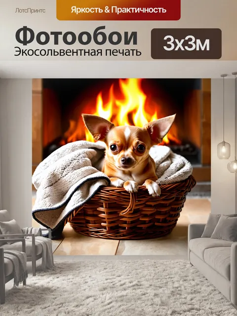 Фотообои чихуахуа, свернувшаяся калачиком в уютной корзине с пледом, на фоне огня в камине