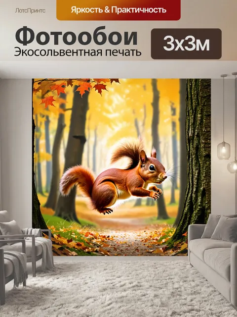 Фотообои красная белка, ловко прыгающая между деревьями в осеннем лесу