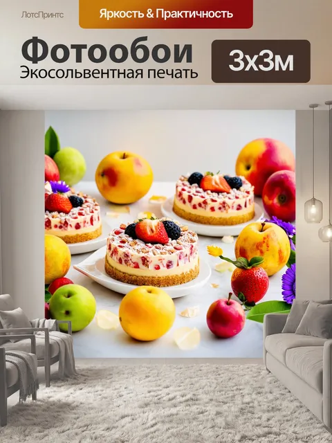 Фотообои светлый фон, на котором изображены сладкие десерты на столе, окружённые яркими фруктами и цветами