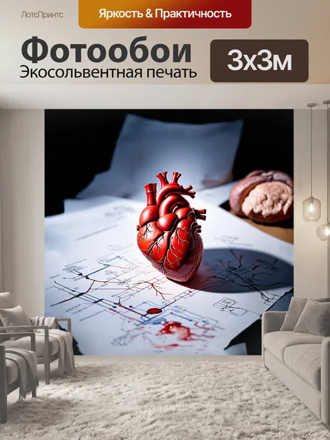 Фотообои в центре изображения находится детализированная модель человеческого сердца