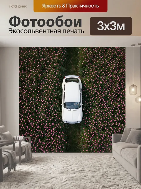 Фотообои Белый автомобиль среди цветов